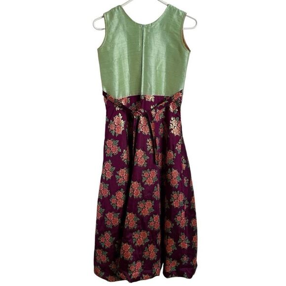 Womens Kanchipuram Silk Gown 38 Green Purple Brocade Sleeve Crinoline Formal - Picture 2 of 10